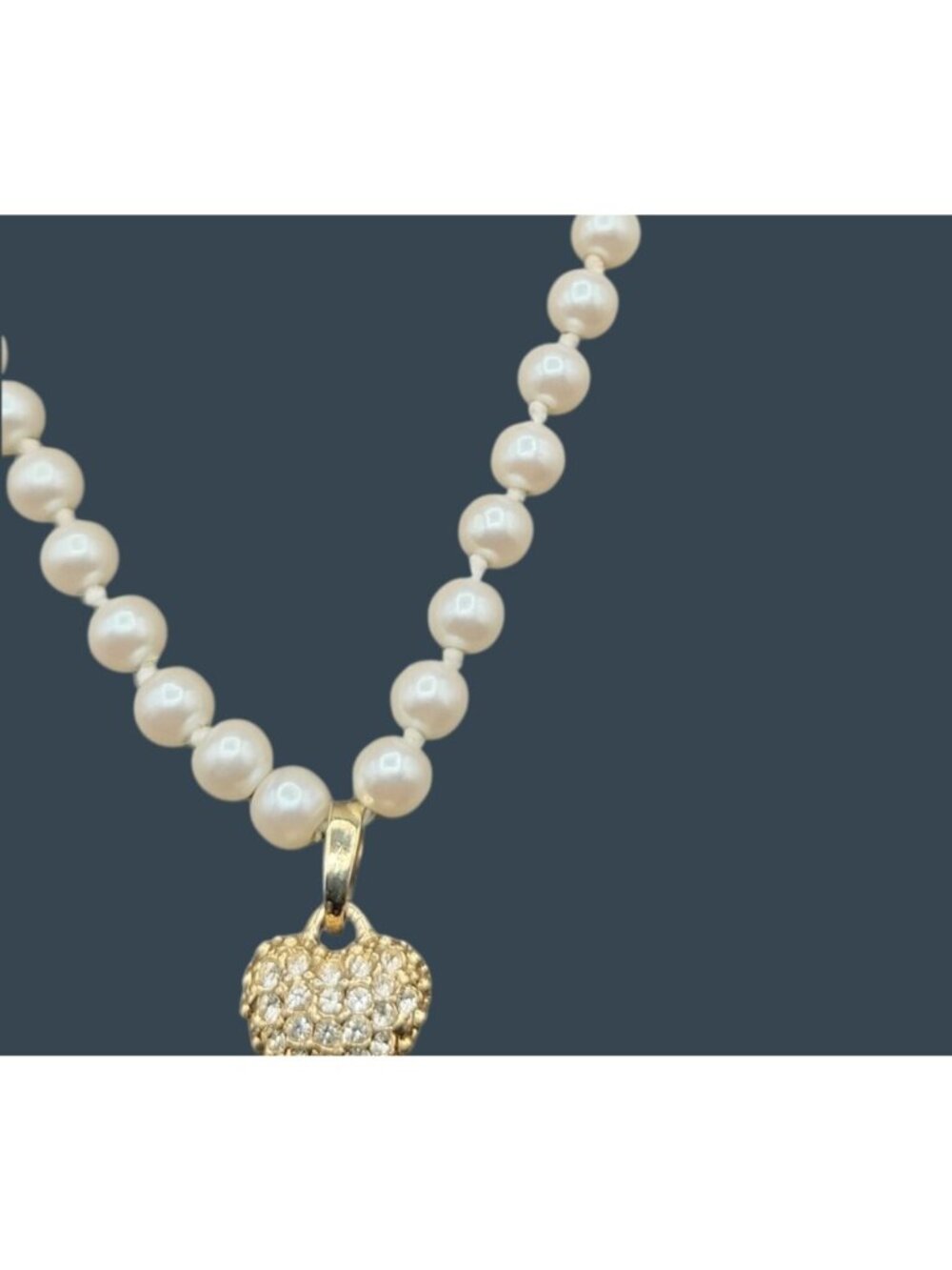 Faux Pearl Rhinestone Heart Pendant Necklace 17" Opalescent Hand Knotted Beads - Picture 5 of 10